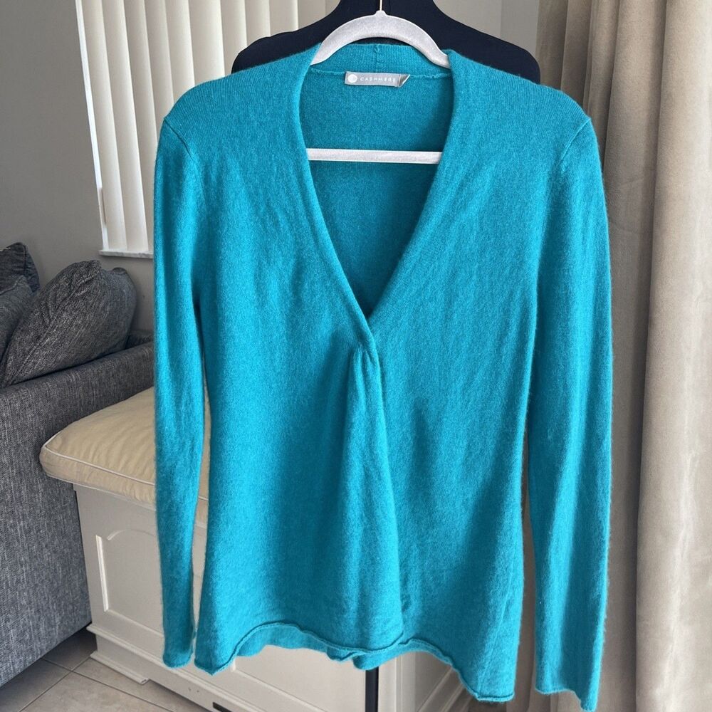 inCashmere Turquoise Teal Green Blue Knit Open Cardigan L